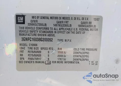 2008 Chevrolet Suburban 1500 Lt z USA, uszkodzony, nr VIN 3GNFC16038G200092